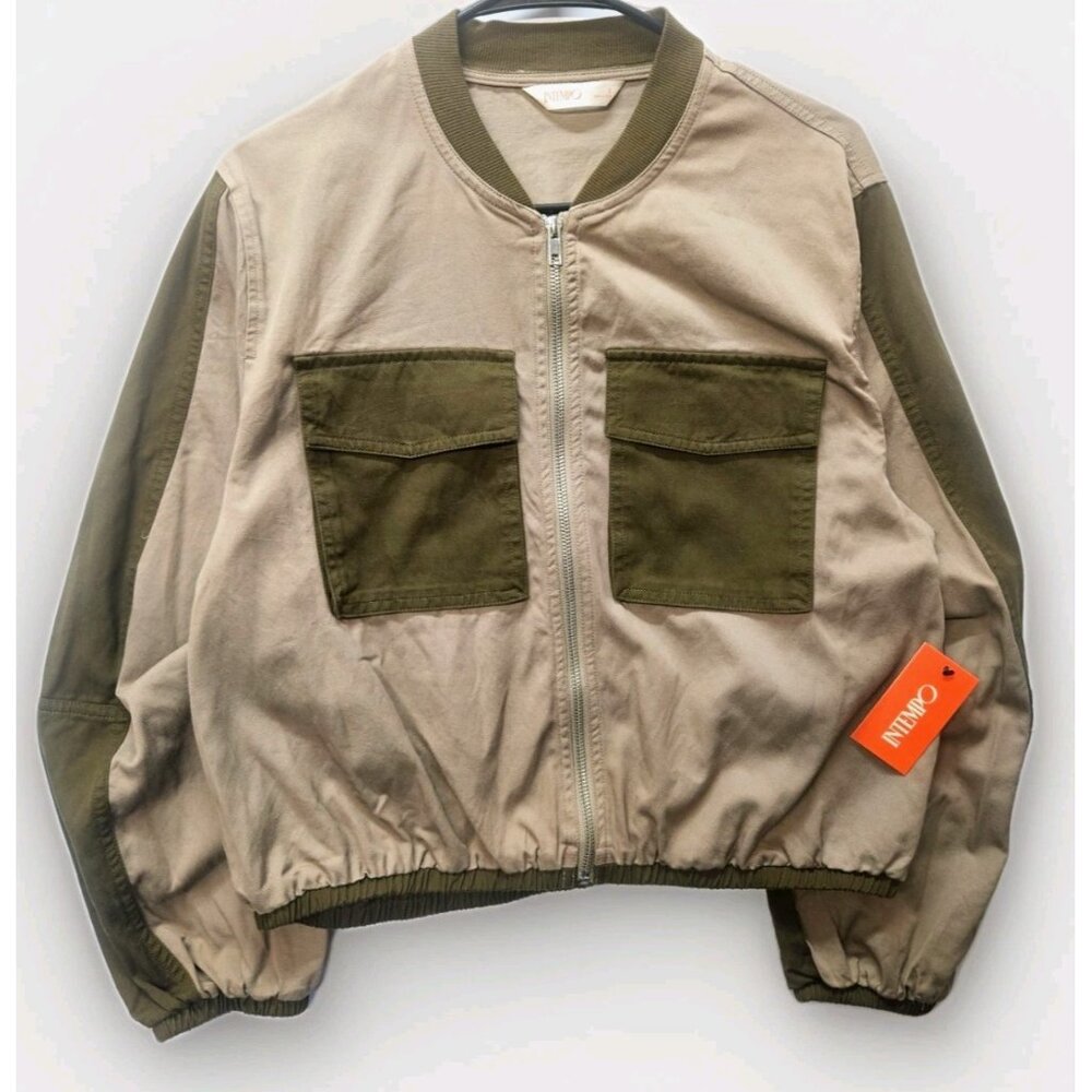 INTEMPO Cargo Bomber Jacket Women's Size Small Olive Tan Multi Lightweight New